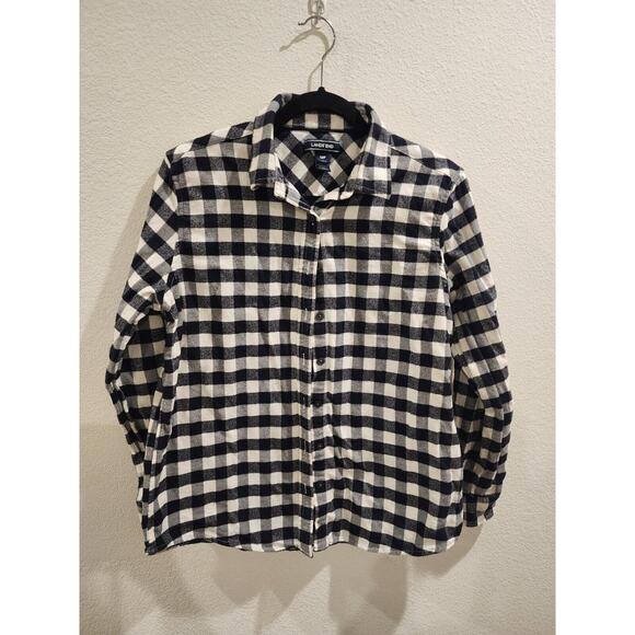 Lands End Womens 12P Black Buffalo Check Flannel Button Up Long Sleeve Grunge - Picture 1 of 5